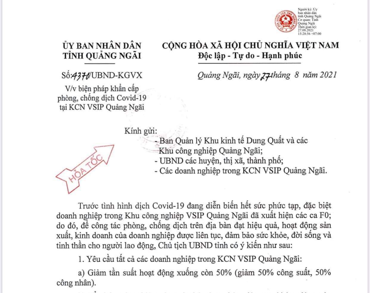 Áp dụng biện pháp khẩn cấp phòng, chống dịch Covid-19 tại KCN VSIP Quảng Ngãi.